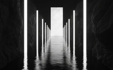 Naklejka premium 暗い洞窟の中に水面が広がり、光の柱が立つ幻想的な風景