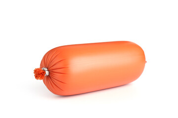 One tasty boiled sausage isolated on white
