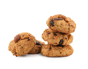 Delicious oatmeal cookies with dried cranberries and nuts isolated on white