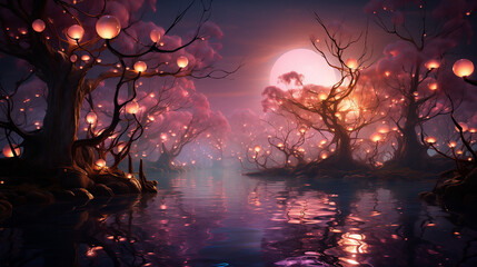 Fototapeta premium Fantasy landscape with glowing trees and serene water reflecting a magical sunset, copy space