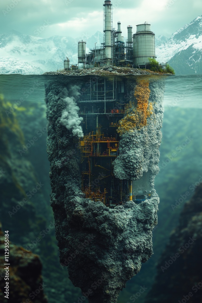 Poster a futuristic structure suspended in the open sea