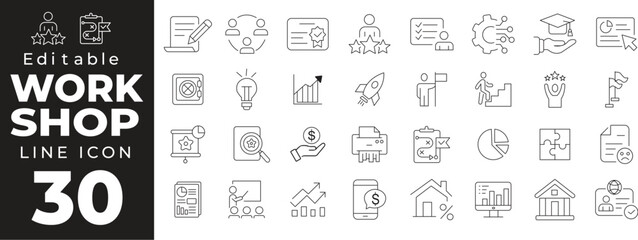 Workshop set of web icons in line style. Business Workshop icons for web and mobile app. Containing team building, teamwork, coaching, meeting, managing, coaching, motivation and more
