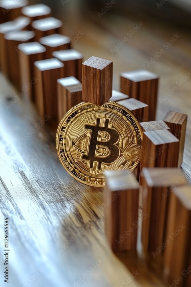Poster a single bitcoin coin sitting on top of stacked wooden blocks