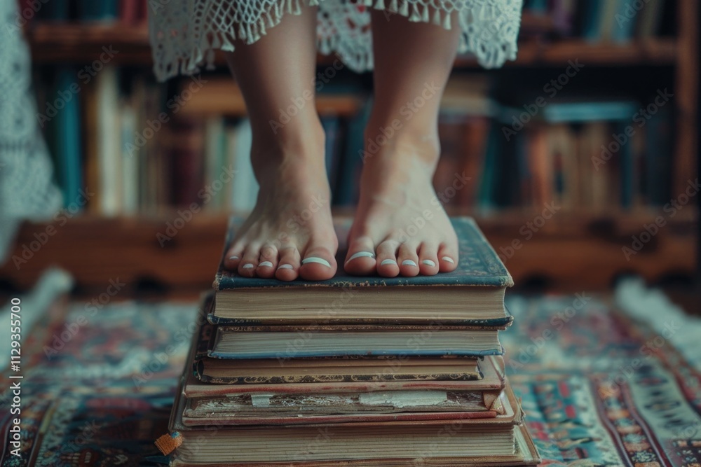 Poster a person perched atop a pile of books, possibly searching for something or taking a break
