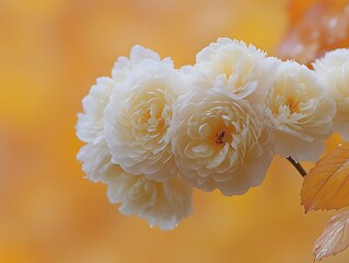 Delicate creamy white roses bloom against a warm autumnal backdrop