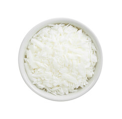 Soy wax in bowl isolated on white, top view