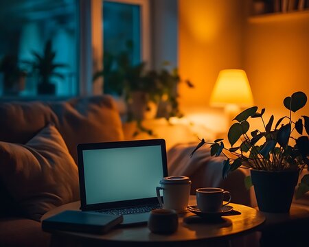 A laptop rests on a wooden table alongside potted plants, creating a cozy workspace illuminated by soft