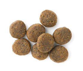 Dry pet food granules isolated on white, top view