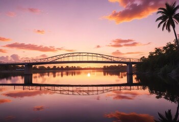 Fototapeta premium A stunning Floridian bridge spanning across a serene lake with a vibrant Florida sunset reflected in the calm waters, featuring warm orange and pink hues, Orange tones, , Water