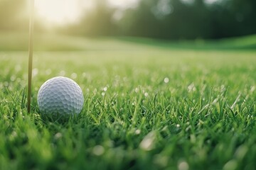 Obraz premium Golf ball resting on lush green grass during a sunny afternoon