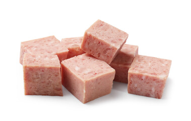 Pieces of canned meat isolated on white