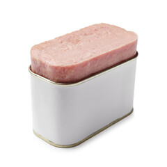 Canned meat in tin can isolated on white