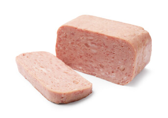 Pieces of canned meat isolated on white