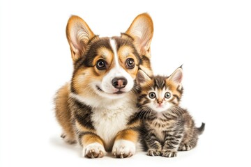 Obraz premium A scene of friendship between a dog and a kitten, both sitting calmly