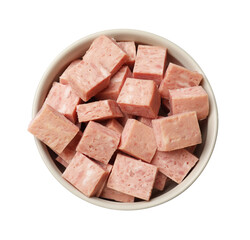 Pieces of canned meat in bowl isolated on white, top view