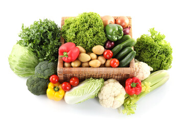 Many different ripe vegetables isolated on white, above view