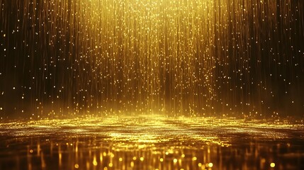 A golden rain of sparkling, shiny particles falling down from the sky, creating an enchanting atmosphere with light reflections on wet surfaces