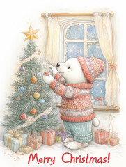 Cute Christmas card with a polar bear near a decorated tree