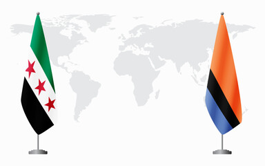 Syrian Revolution and Chagos Islands flags for official meeting against background of world map.