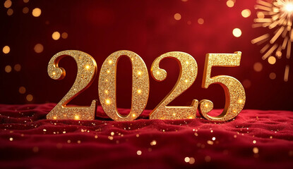 Elegant golden script 2025 with glitter accents on festive red velvet backdrop for New Year celebration and luxury event design