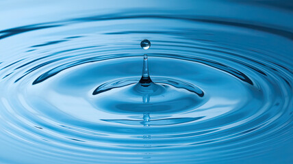 Water Droplet Creating Concentric Ripples on Surface, Central Reflection, Circular Pattern of Ripples, Serene Blue Color Palette, Calming and Peaceful Ambiance