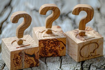 A set of three wooden blocks featuring question mark symbols, great for educational or creative...