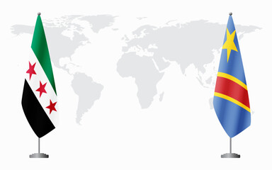 Syrian Revolution and Democratic Republic of Congo flags for official meeting against background of world map.