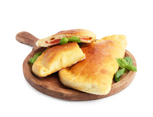 Tasty vegetarian calzones with tomato, cheese and basil isolated on white