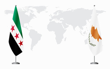 Syrian Revolution and Republic of Cyprus flags for official meeting against background of world map.
