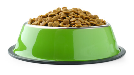 Dry pet food granules in feeding bowl isolated on white