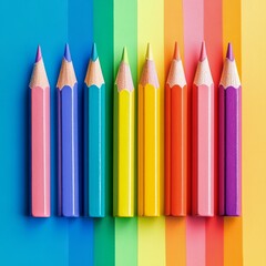 Colorful pencils arranged on a vibrant rainbow background in a creative workspace