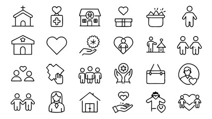 Charity and Volunteering related icon editable stroke outline  set of different types small icons isolated on white background flat vector illustration