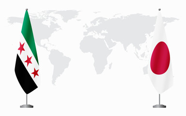 Syrian Revolution and Japan flags for official meeting against background of world map.