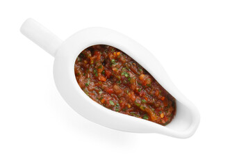 Tasty salsa sauce in gravy boat isolated on white, top view