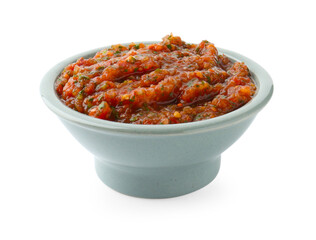 Tasty salsa sauce in bowl isolated on white