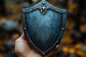 A hand holds a metallic shield with a star emblem, suitable for fantasy or sci-fi scenes
