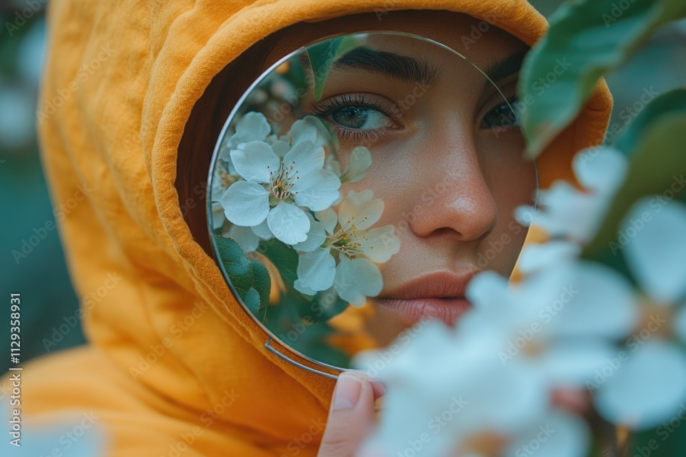 Poster a person looks closely at something using a magnifying glass, possibly for investigation or curiosit