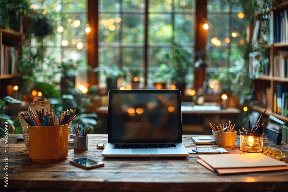 Poster A laptop computer placed on a wooden table with a simple and clean design