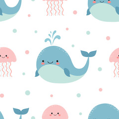Seamless pattern with cute cartoon smiling whale and jellyfish. Vector.
