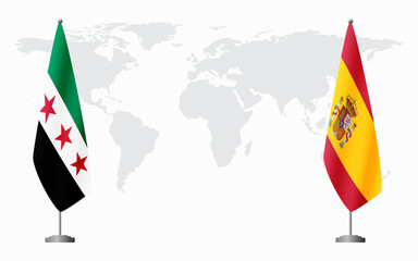 Syrian Revolution and Spain flags for official meeting against background of world map.