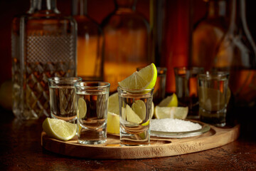 Gold tequila with salt and lime slices.