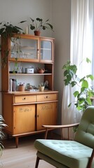 Cozy green living room with plants and vintage furniture offers a serene atmosphere