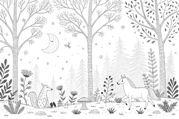 coloring page forest with trees and animals