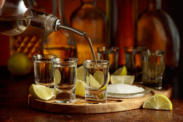 Gold tequila with salt and lime slices.
