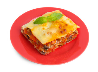 Piece of delicious cooked lasagna with basil isolated on white