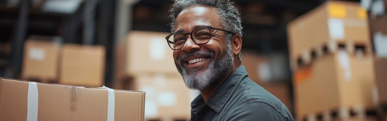 Smiling worker in warehouse packing cardboard boxes