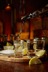 Gold tequila with salt and lime slices.