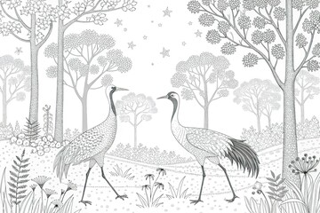 Naklejka premium Coloring page Two Cranes in the forest