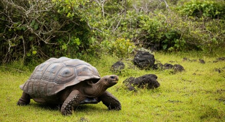 Naklejka premium Majestic galapagos tortoise in natural habitat amidst lush greenery