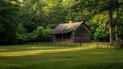A rustic wooden cabin surrounded by lush greenery in a tranquil setting.